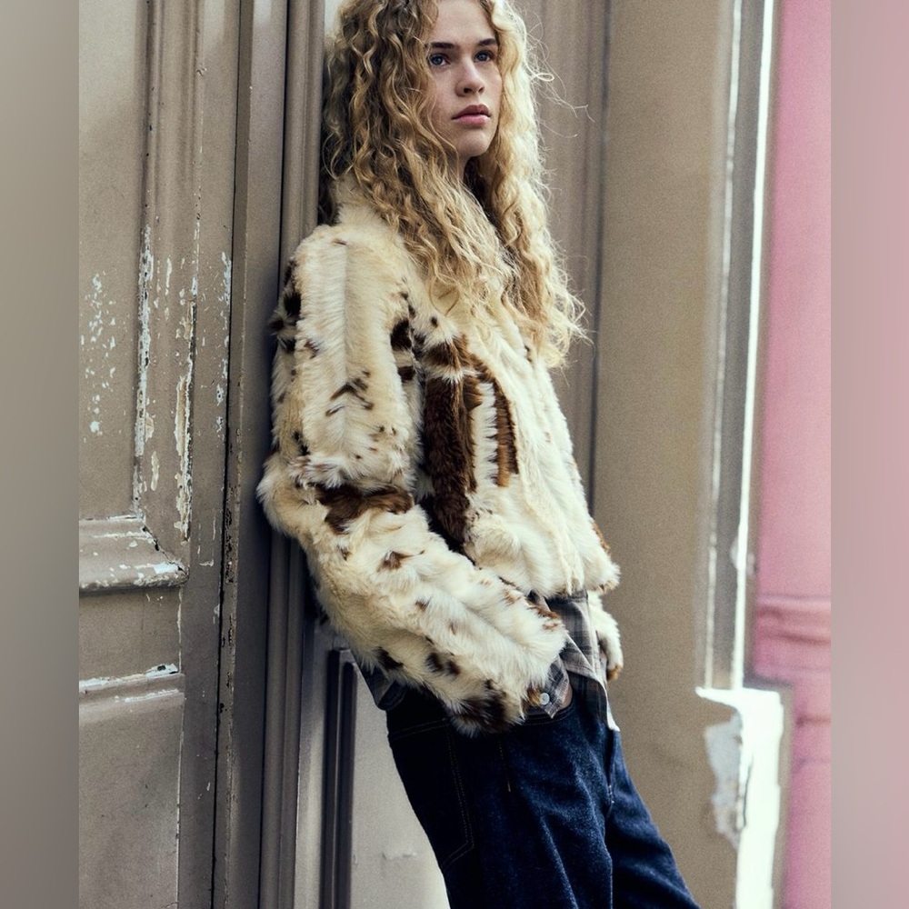 Zara Cream Teddy Jacket with Brown Accents - Picture 2 of 8